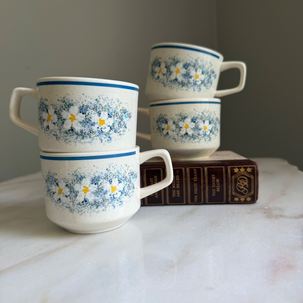 Lenox Temper-ware Dewdrops Coffee Mugs Set of 4 Blue White Floral Stoneware USA